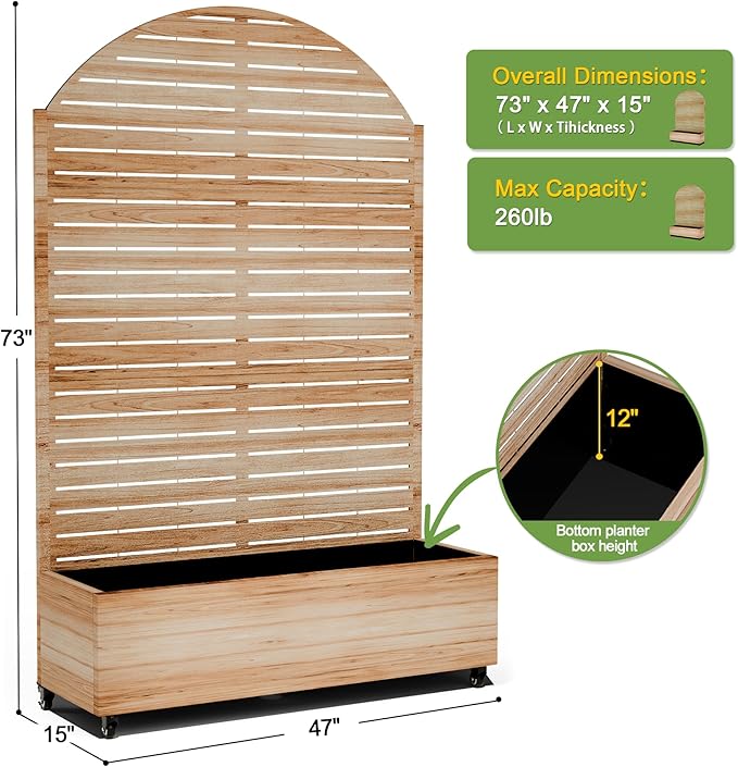FENCY Metal Raised Garden Bed with Wheels and Trellis,Arched 73"x47"x16" Planter Box for Climbing Plants, Vegetables & Vines, Features Privacy Screen and Drainage Holes (Acacia Wood Finish)