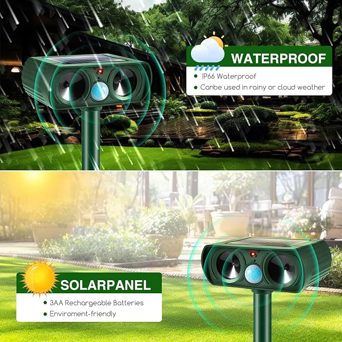 4Pack Solar Ultrasonic Animal Repellent Outdoor Deer Repellent Devices with Motion Detection&Flash Light Raccoon Rabbit Squirrel Dog Cat Deterrent,2025 Keep Rodent Chipmunk Away for Lawn Yard Garden