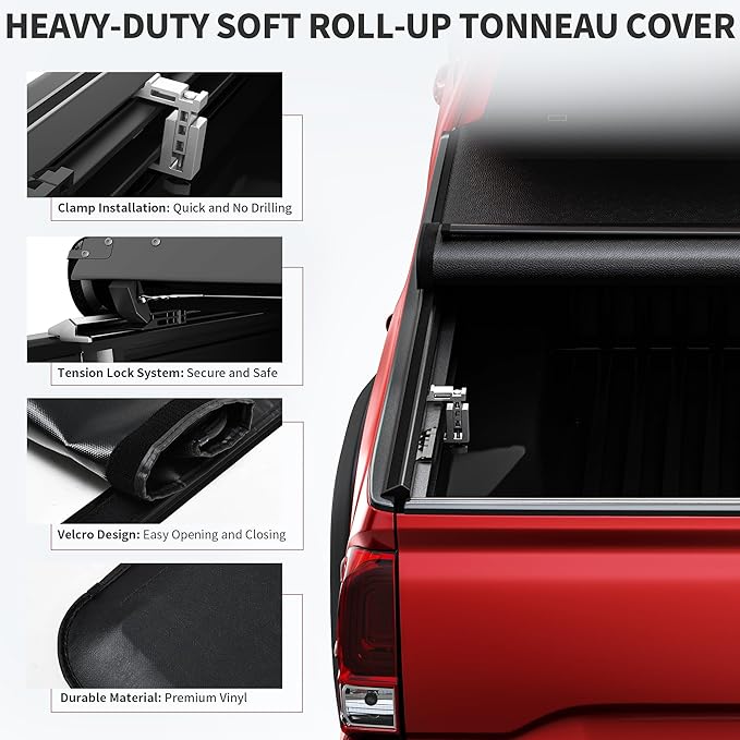 oEdRo Soft Roll Up Truck Bed Tonneau Cover Compatible with 2019-2025 Chevy Silverado 1500 / GMC Sierra 1500 New Body Style, Fleetside 6.6 ft Bed w/o Multi-Flex Tailgate