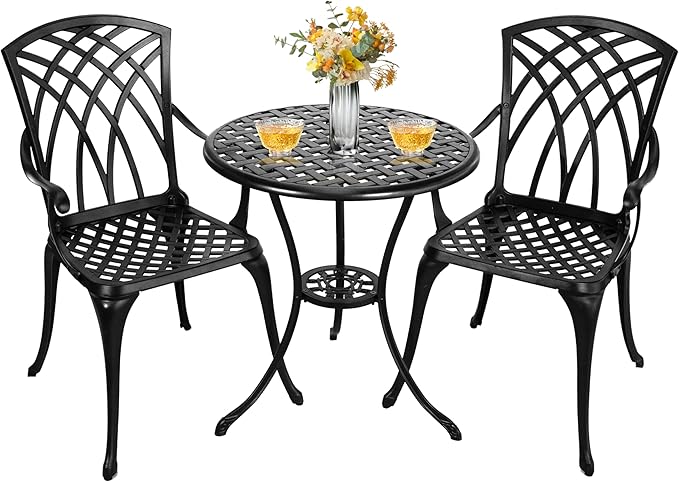 Bistro Patio Set 3 Piece,Cast Aluminum Bistro Table and Chairs Set of 2 with Umbrella Hole,All Weather Bistro Table Set for Yard Garden,Outdoor/Indoor Use,Black