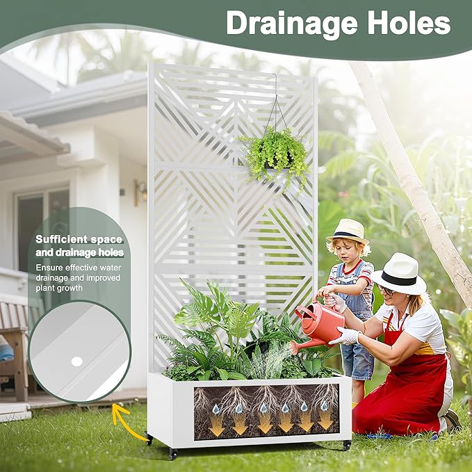 Metal Raised Garden Beds with Privacy Screen for Outdoor Plants, Planter Box with Trellis & Wheels, Flower Boxes with Drainage Holes (35" L×16" W×71" H, White Zodiac)