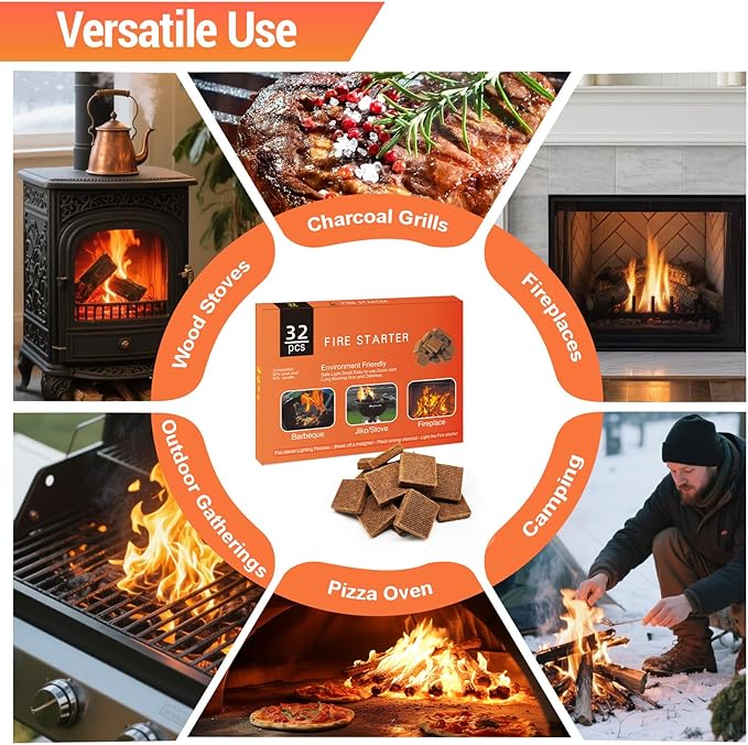 Fire Starters 160 Squares for Fileplace: Weather-Resistant Firestarter for Stove Camping Grill Campfires BBQ