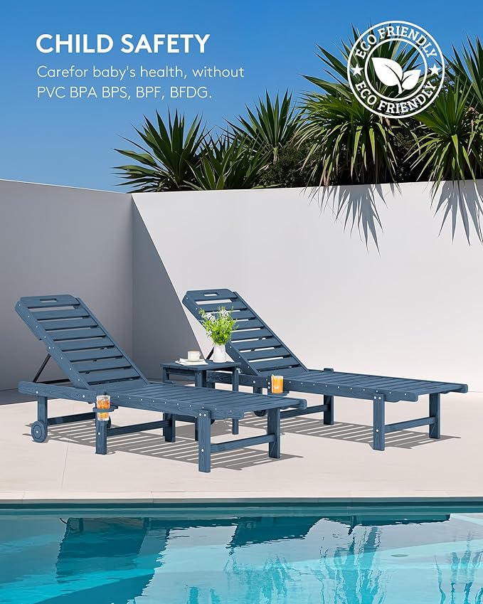 SERWALL Outdoor Chaise Lounge, 78" Length Patio Chaise Lounge Chair with 5 Positions Adjustable Backrest, HDPE Lounge Chair with Rolling Wheels & Cup Holder for Pool, Blue