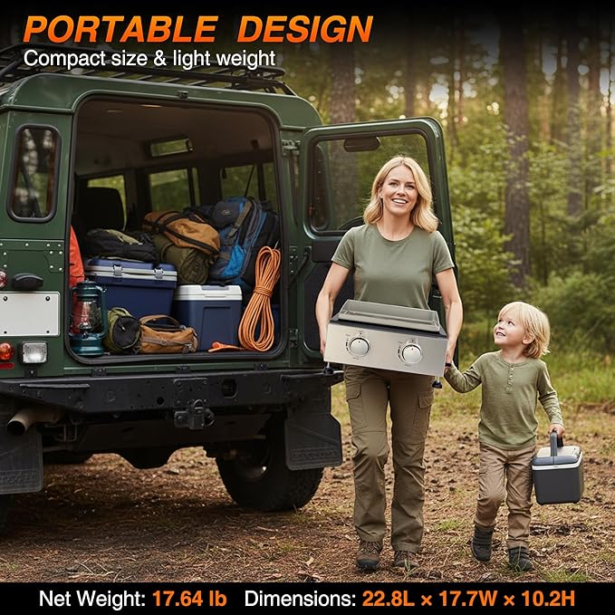 Outdoor Table top Propane Griddle with Detachable Top | Ultimate Portable Outdoor Cooking Station | Includes Stainless Steel Warming Rack for Camping, Tailgating & BBQs (2 burner)