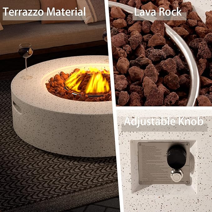SUNBURY Outdoor 42inch Propane Fire Pit Table, 50,000 BTU Spotted White Patio Fire Table, Concrete Round Gas Fire Table w Lava Rocks