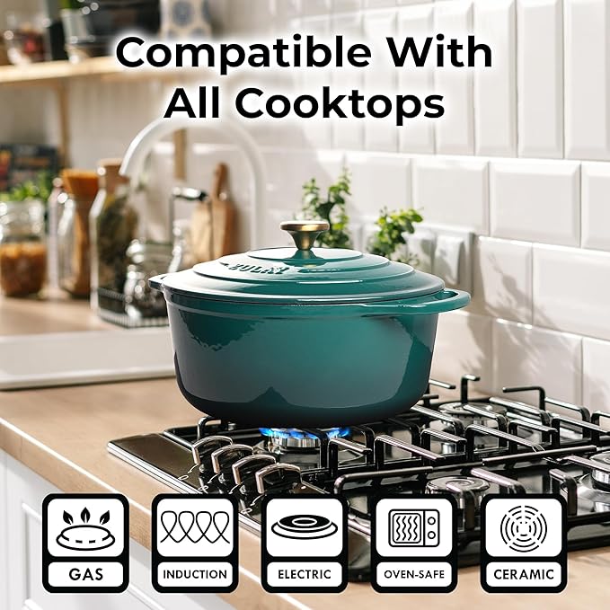 Zulay Kitchen 7.7 Quart Enameled Cast Iron Dutch Oven Pot with Lid – Premium Durability & Oven Safe up to 500°F – Heavy Duty Cookware Perfect for Bread Baking, Stews, Braising & Roasting – Emerald