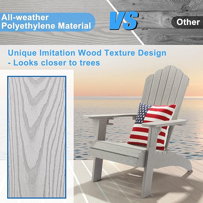 hOmeHua Oversized Adirondack Chair, HIPS Adirondack Chairs Weather Resistant with Cup Holder, Plastic Outdoor Chair for Patio, Backyard Deck, Fire Pit Lawn Porch (Grey)