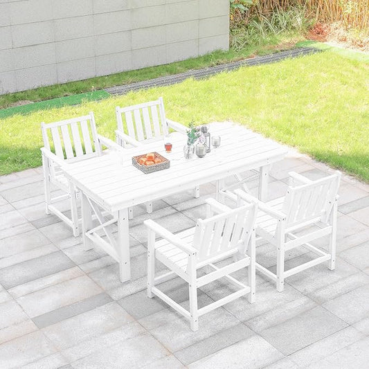 HDPE Patio Dining Set, 5-Piece Outdoor Table and Chairs with Umbrella Hole, Modern Outdoor Dining Set for 4, HDPE Outdoor Patio Furniture Dining Sets for Deck, Poolside, Porch, Pearl