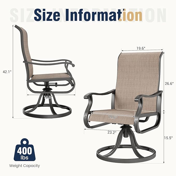 Amopatio Patio Swivel Chairs Set of 4, Outdoor Swivel Rocker Dining Chairs with All Weather Textilene High Back & Metal Frame, for Backyard Deck Lawn, Brown