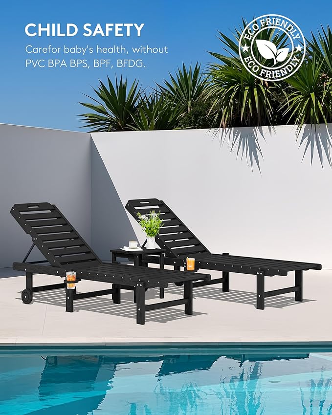 SERWALL Patio Chaise Lounge, HDPE Outdoor Lounge Chair with Cup Holder, 5 Positions Adjustable Poly Lounge Chair with Rolling Wheels for Poolside, Deck, Sunbathing, Black