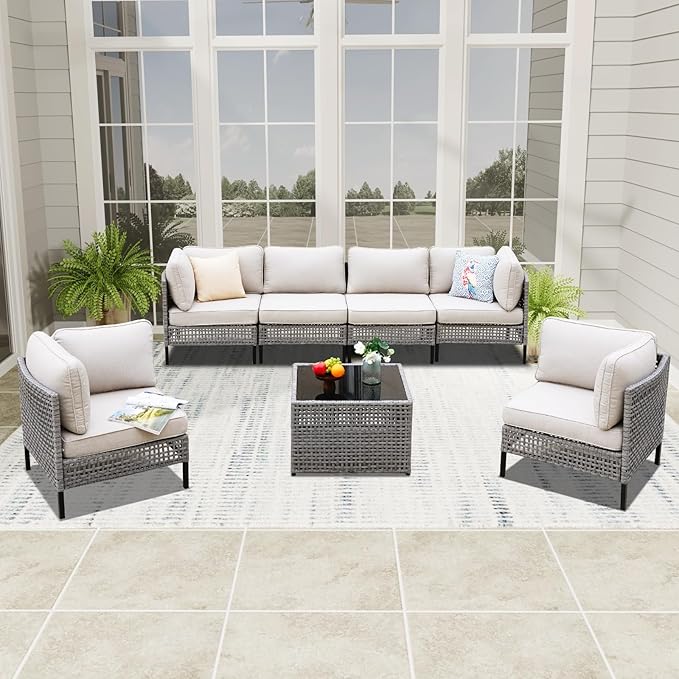 7-Piece Patio Rattan Furniture Set with 4 Armchairs, 2 Armless Chairs and Table, Modular Outdoor Wicker Sectional Sofa with Beige Cushions for Backyard, Porch, Garden