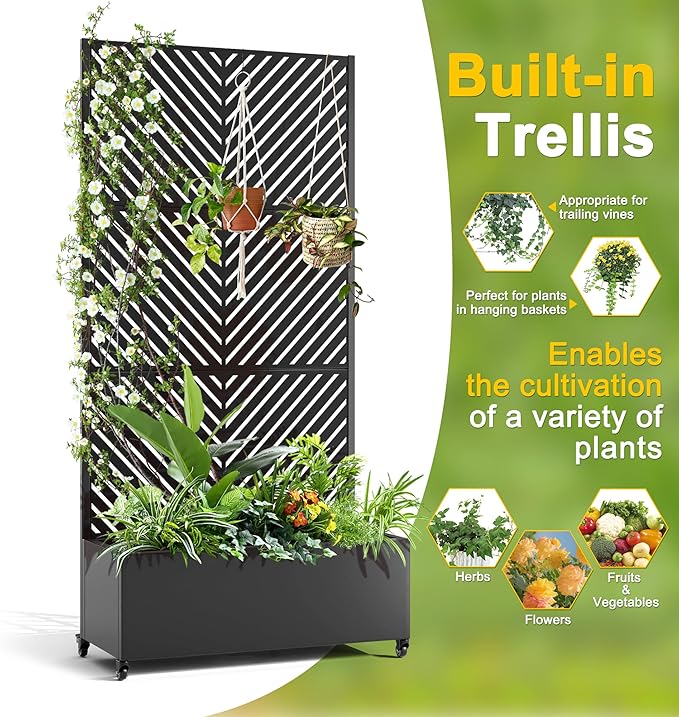 FENCY Metal Raised Garden Bed with Wheels and Trellis,73"x35"x16" Planter Box for Climbing Plants, Vegetables & Vines, Features Privacy Screen and Drainage Holes (Black-Arrow)