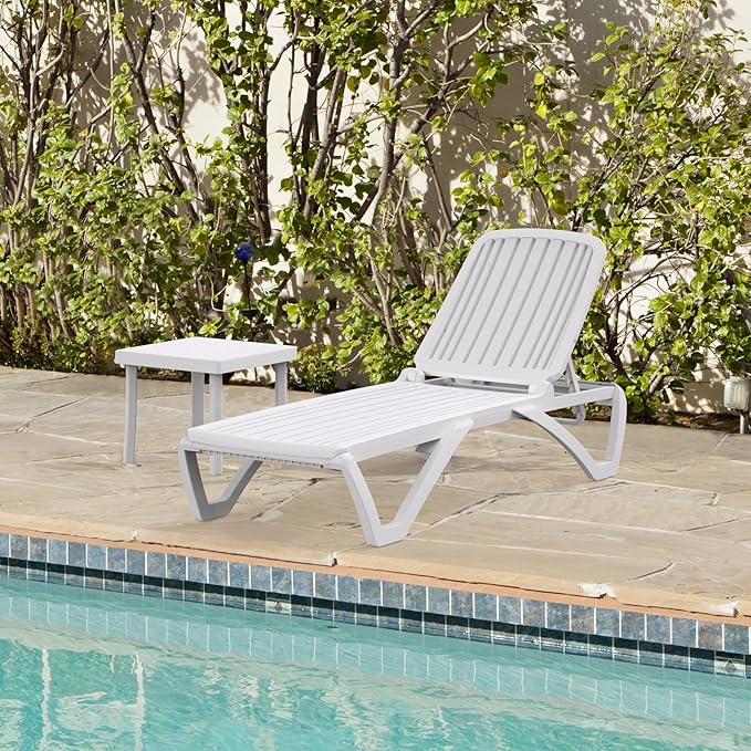 Domi Pool Lounge Chair, Aluminum Adjustable Lounge Chair for Outside, All Weather Plastic Chaise Lounge Outdoor with Table for Beach Deck Lawn Poolside, White