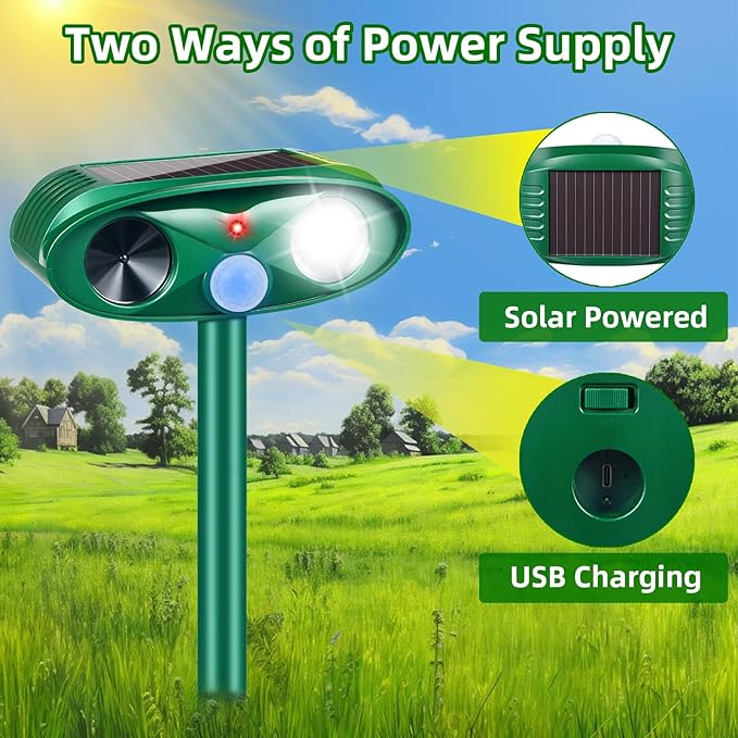 Upgraded Solar Deer Repellent Devices Ultrasonic Animal Repeller Outdoor with Motion Sensor & Flashing Light, Animal Deterrent Devices for Cat Squirrel Raccoon Dog Rabbit Skunk for Yard Garden, 2 Pack