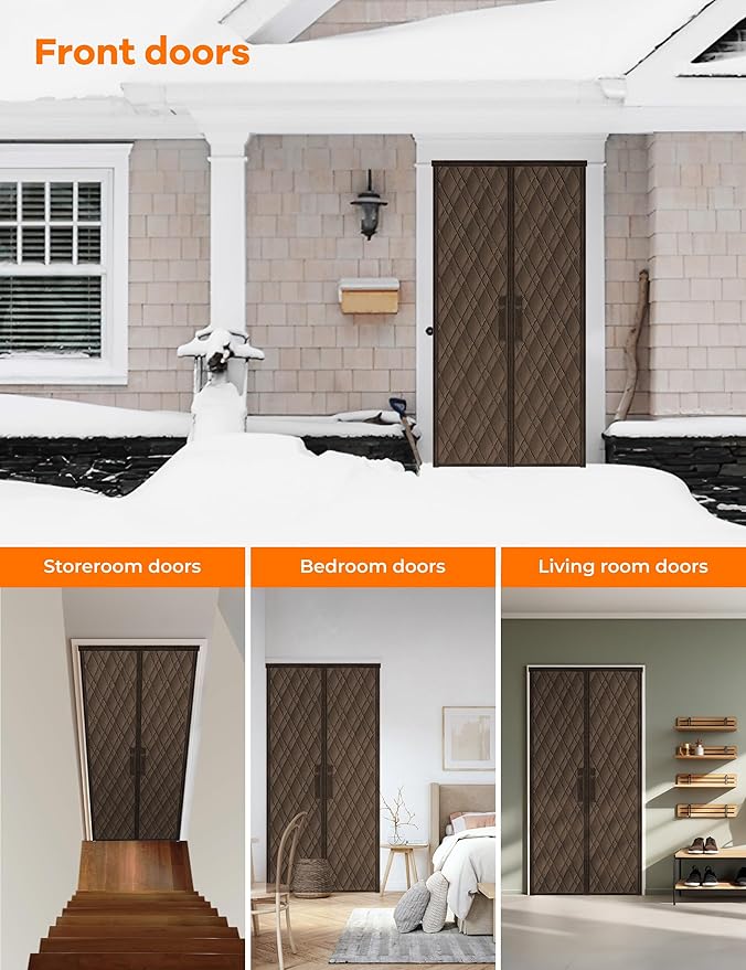 Magnetic Thermal Insulated Door Curtain, Fit Size up to 36 x 82 Inches, Thermal Door Curtain Filled with Thick Cotton to Keep Warm Winter, Doorway/Front/Back/Basement, Brown, Diamond