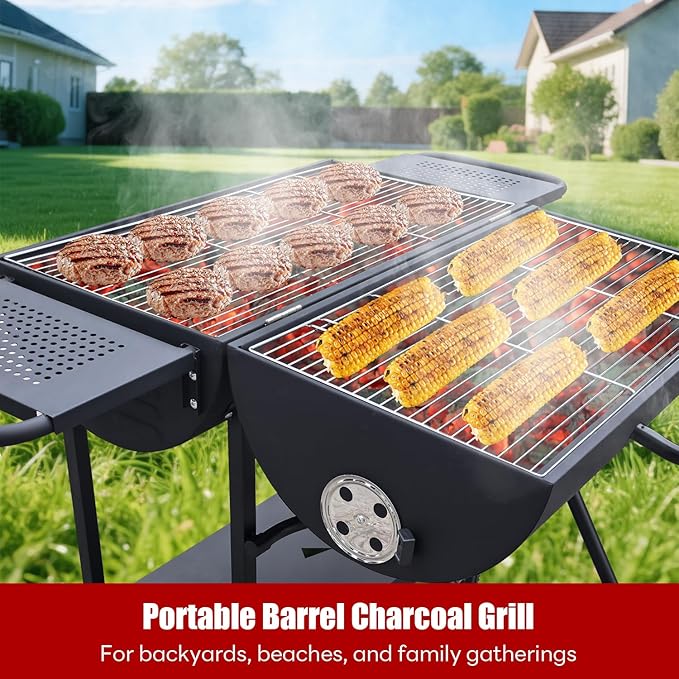 Charcoal Grill - Charcoal Barrel Grill with side shelf, Large Stainless Steel BBQ Grill suitable for outdoor camping,backyards, and patios (Extra Large)