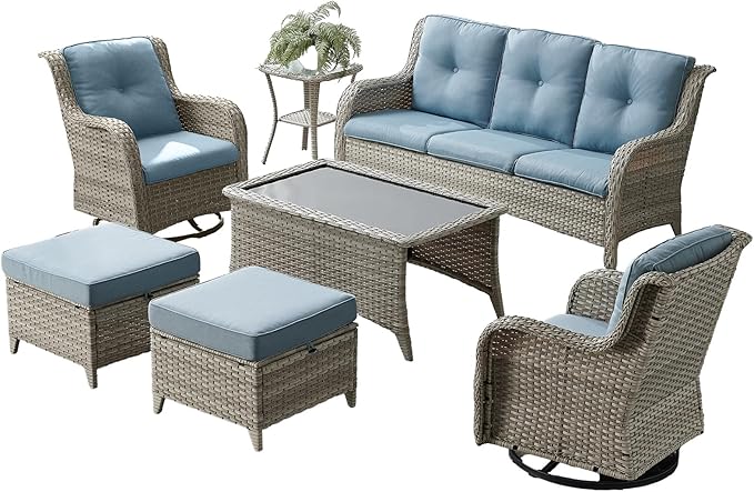 Wicker Patio Furniture-7 Pieces Rattan Patio Furniture Set Outdoor Patio Couch with Swivel Patio Chairs Ottomans and Coffee Table for Deck Poolside Backyard-Light Grey/Light Blue