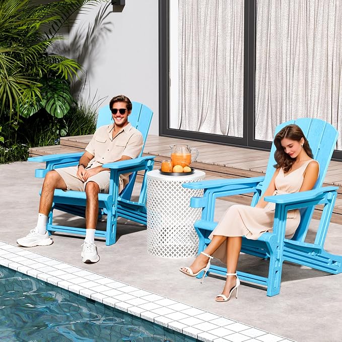 Adirondack Chairs Set of 6,Plastic Adirondack Chair with Cup Holders, All-Weather Outdoor Fire Pit Patio Chairs for Lawn,Backyard Deck, Porch,400LBS Heavy-Duty,Sky Blue
