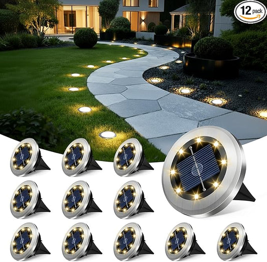 Mini Solar Ground Lights 12 Pack, Solar Lights Outdoor Waterproof, Solar Garden Lights Outdoor Landscape Lighting for Pathway Walkway Patio Yard Driveway, Warm White