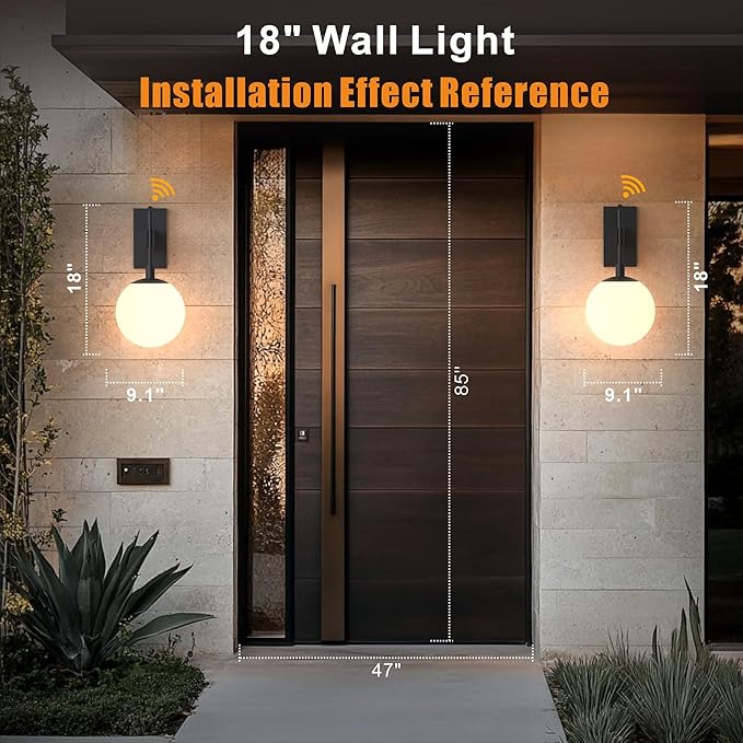 Hyunbae Dusk to Dawn Outdoor Wall Sconces, Modern Exterior Sensor Front Porch Light, 18.9" Globe Large Outdoor Wall Lighting, Waterproof Outside Lights for House, Doorway, Garage, E26, IP65