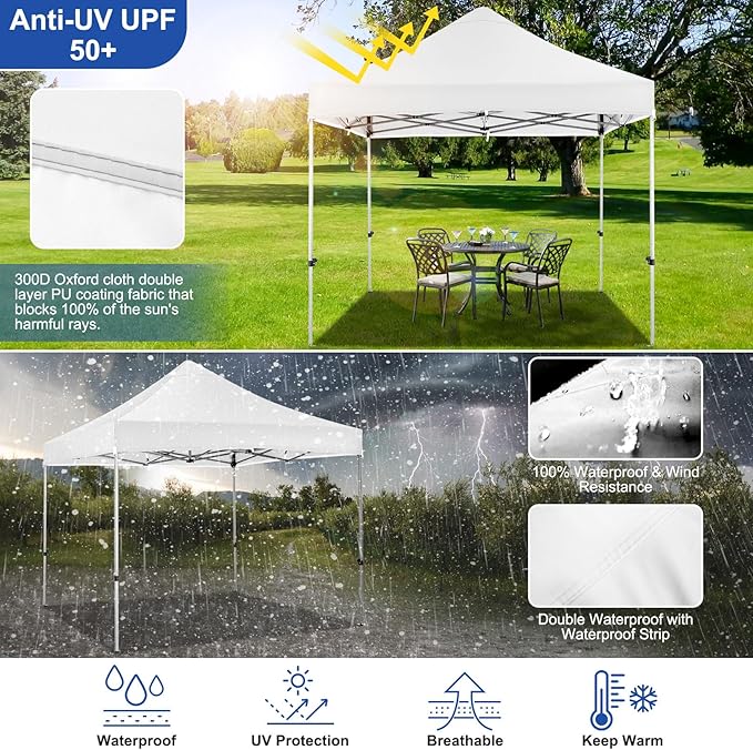 COBIZI 10x10 Pop up Canopy Heavy Duty Without Sidewalls, Easy Set-up Commercial Outdoor Party, 100% Waterproof Wedding Canopy Gazebo, 3 Height Adjustable with Handle Bag,White