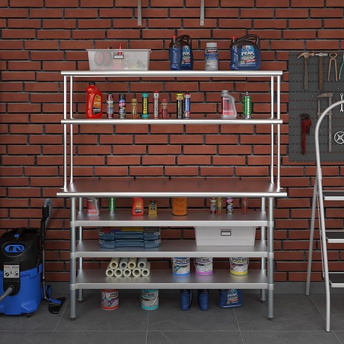 Amgood 18" x 60" Stainless Steel Work Table with 3 Shelves and 12" Wide Double Tier Overshelf | Metal Kitchen Prep Table & Shelving Combo | NSF