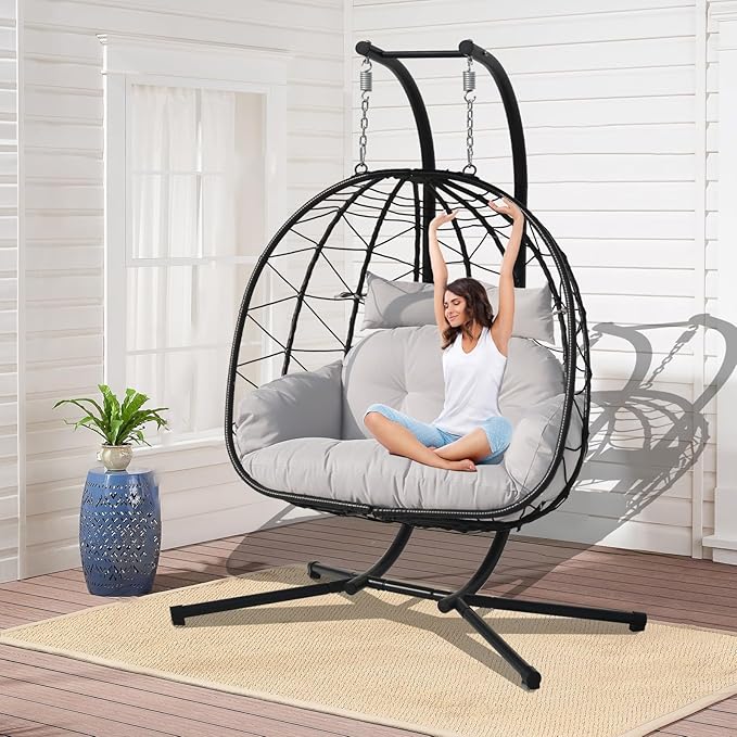 Double Hammock Egg Chair 2 Person Egg Chair Indoor Outdoor Swing with Stand Patio Wicker Hanging Chair Widened and Enlarged for Balcony Bedroom Porch Adults Kids