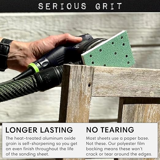 Serious Grit - 3" x 5" (80mm x 133mm) 14-Hole 180 Grit Sanding Sheets - Fits Festool RTS 400 & Mirka Deos 353 - Heavy-Duty Hook & Loop Film Abrasives - Sandpaper for Sheet Sanders - 50 Pack Box
