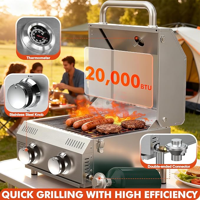 Llamaviva 2 Burners Tabletop Gas Grill Dual Fuel Adapter, 20,000 BTUs Portable Stainless Steel Propane Grill with Legs for Tailgating, Outdoor Patio Backyard Camping, and RV Trips