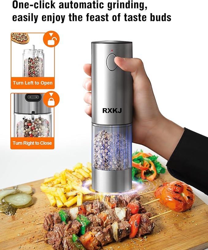 Electric Salt and Pepper Grinder Set, Stainless Steel Automatic Pepper Grinder with Upgraded Charge Base and LED Light, Adjustable Coarseness, Rechargeable Sea Salt Spice Mill Set, Ideal for Kitchen