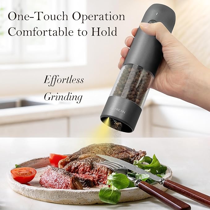 Ultrean Electric Pepper Grinder, Rechargeable Salt and Pepper Grinder with 6 Adjustable Coarseness, LED Light, One-Hand Automatic Operation, Christmas Gifts, Starry Gray