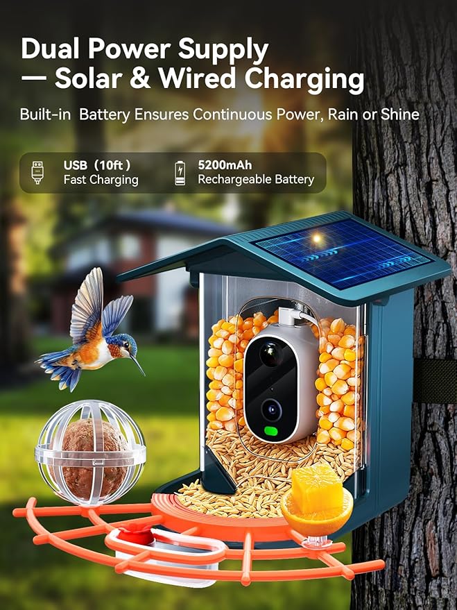 2.5K Smart Bird Feeder with Camera Solar Powered, AI Bird Species Identification, Auto Squirrel Deterrent, Real-Time Video Notifications, Weatherproof, Ideal Gift for Family and BirdLovers, Navy Blue