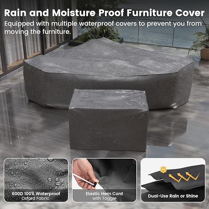 UDPATIO Patio Furniture Set with Fire Pit Table, 8 Inch Armrest Outdoor Sectional Sofa, 7 Piece Wicker Outdoor Furniture Conversation Sets with Waterproof Cover for Backyard Deck(Grey/Dark Grey)