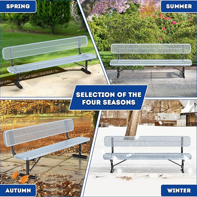 Heavy Duty Park Bench for Outside, Metal Park Bench with Back Portable Frame, Outdoor Steel Mesh Garden Bench with Backrest for Garden, Lawn, Patio, Porch, Park, Yard (Grey, 8FT/95INCH)