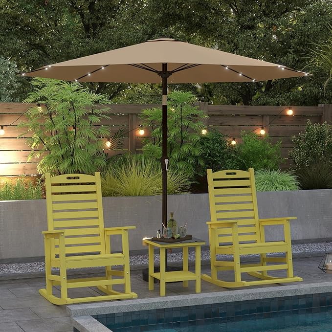 Yellow Outdoor Rocking Chairs Set of 2 with Footrest, Side Table & Beige 9FT Patio Umbrella, HDPE Rocking Lawn Chair for Garden, Poolside, Deck, Weatherproof Porch Rocker