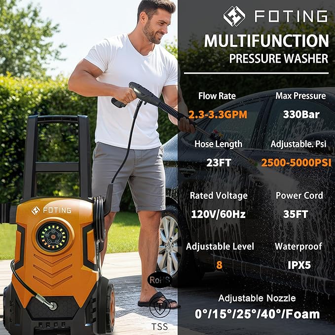 FOTING Pressure Washer with Adjustable Touch Screen 8 Level, 4 Quick Connect Nozzles,Inlet Hose&Filter&Foam Cannon for Cars/Fences/Driveways/Home Cleaning,Red