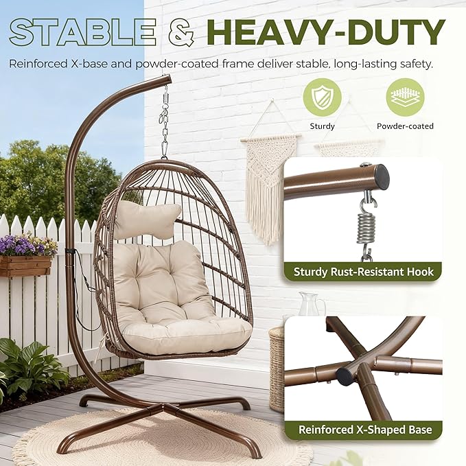 RADIATA Modern Hanging Egg Chair with Stand, Outdoor Wicker Swing Hammock Chair with Padded Cushion, 350Lbs Free-Standing Eggshell Basket Seat for Garden Patio Balcony Indoor Reading Nook, Brown