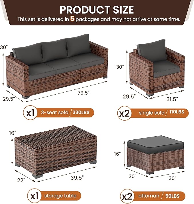 UDPATIO 6 Piece Patio Furniture Set 7 Seats Wicker Outdoor Furniture Set, Thick Cushions Patio Couch Chair with Ottoman & Storage Table for Porch, Balcony