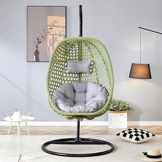 Hanging Egg Chair with Stand, Egg Swing Chair with Stand Indoor Outdoor,Green Wicker Swing Egg Chair for Adults, Hammock Chair with Comfortable Cushion and Stable Round Metal Base for Bedroom Patio
