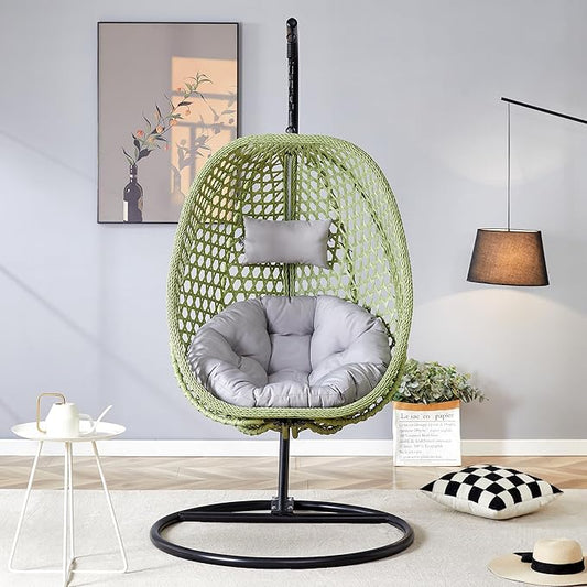 Hanging Egg Chair with Stand, Egg Swing Chair with Stand Indoor Outdoor,Green Wicker Swing Egg Chair for Adults, Hammock Chair with Comfortable Cushion and Stable Round Metal Base for Bedroom Patio