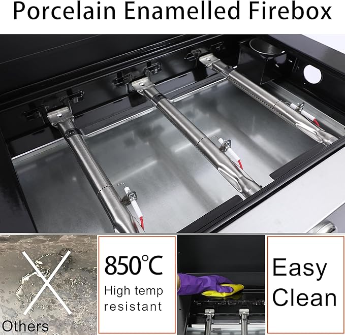 3-Burner Tabletop Gas BBQ Grill with Stainless Steel Plancha, 28680 BTU Output Portable Mini Gas Grill w/Cast Iron Grating Mesh, Compact Design Mini Grill for Camping, RV, Backyard BBQ