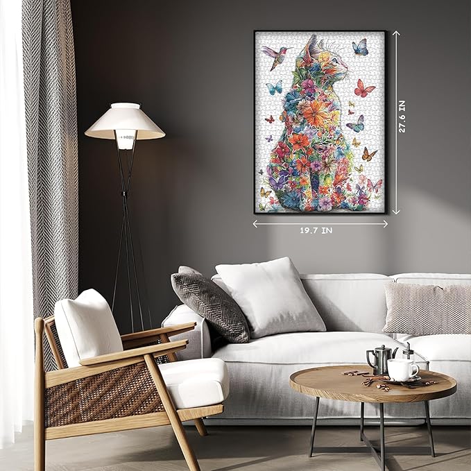 Cat Puzzles for Adults 1000 Pieces, Flower Puzzle Colorful Art Animal Kitten Hummingbird, Butterfly Garden Plant Floral Impossible Jigsaw Puzzle