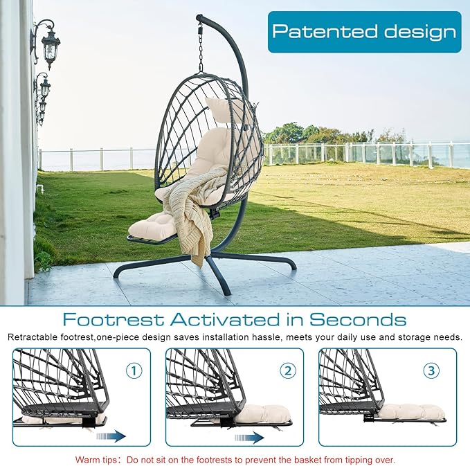 Hanging Egg Chair with Leg Rest and Stand – Rattan Wicker Swing Hammock Chair, UV-Resistant Cushion, Heavy-Duty Frame for Indoor & Outdoor Patio, Bedroom, Balcony, Garden – 330 lbs Capacity(Beige)