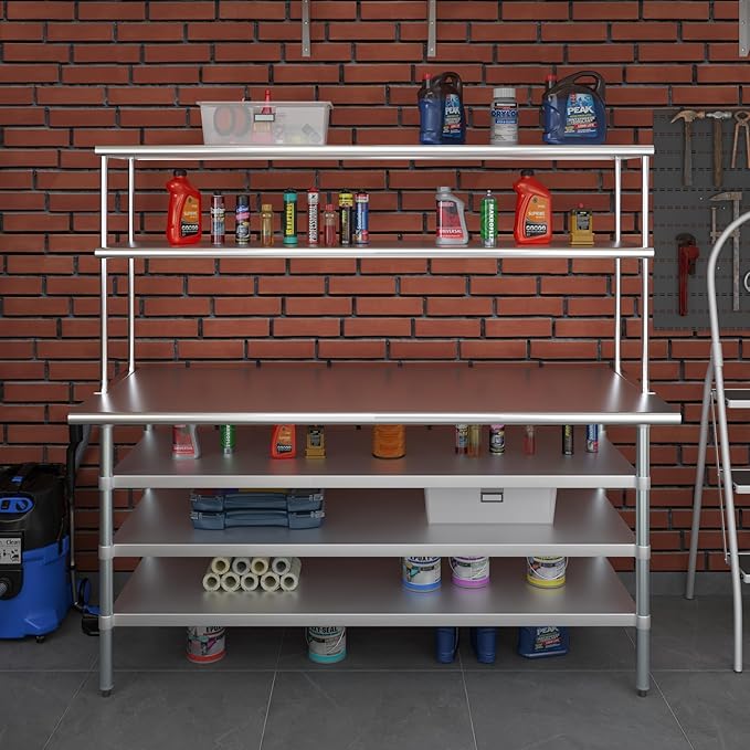 Amgood 30" x 72" Stainless Steel Work Table with 3 Shelves and 18" Wide Double Tier Overshelf | Metal Kitchen Prep Table & Shelving Combo | NSF