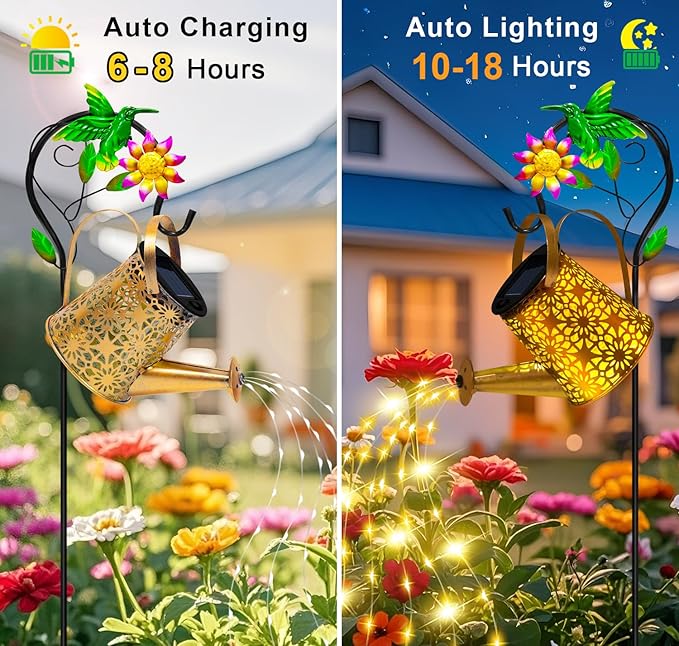 Solar Metal Watering Can with Hummingbrid Shepherd Hook and Cascading Lights - Outdoor Solar Lantern for Garden, Yard, Patio Decor and Gardening Gifts for Women Mother's Day