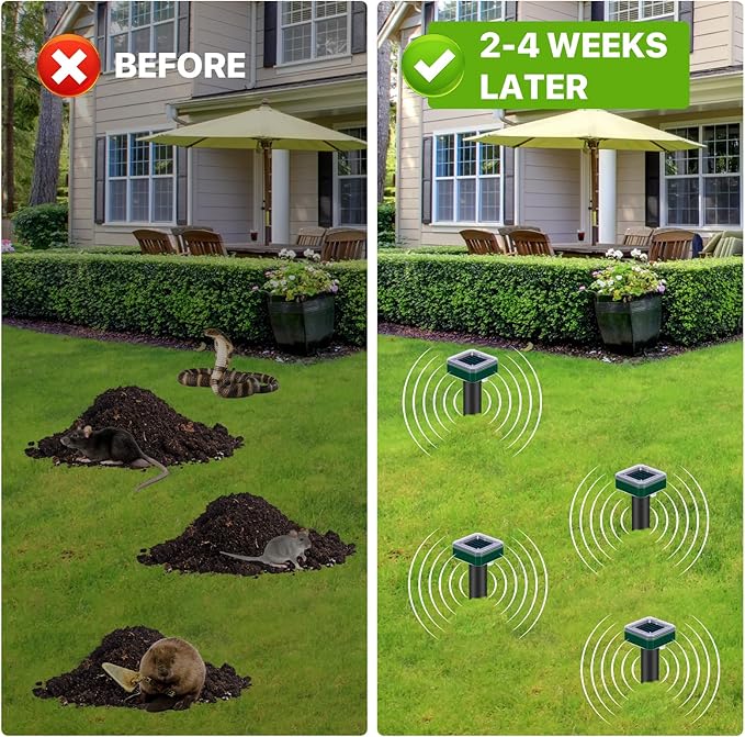 Mole Repellent Solar Powered for Lawns Snake Repellent for Yard Gopher Trap Groundhog Vole Repellent Ultrasonic Spike Outdoor Waterproof Sonic Chipmunk Rodent Burrowing Animals Deterrent Stake