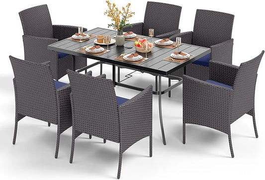 PHI VILLA 7 Piece Outdoor Dining Set for 6, Rectangular Wrought Iron Dining Table with Umbrella Hole & Cushioned Rattan Wicker Chairs for Patio, Deck, Yard, Porch