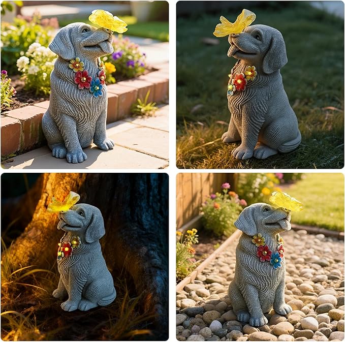 Loyal Puppy Garden Statue with Solar Butterfly Light - Adorable Dog Figurine with Flower Garland - Outdoor Decor for Patio & Pet Memorial Gift - Christmas Housewarming Birthday Gifts for Grandma Mom