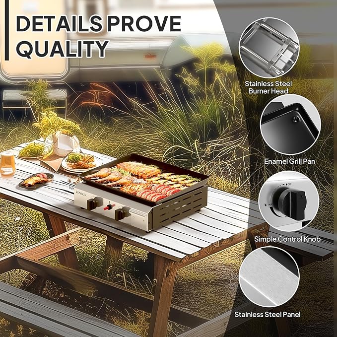 ROVSUN 2 Burner Portable Propane Griddle with Electronic Ignition & Regulator, 20,000 BTU Tabletop Flat Top Gas Grill with Nonstick Enameled Tray for Outdoor Cooking Camping BBQ Tailgating Picnicking