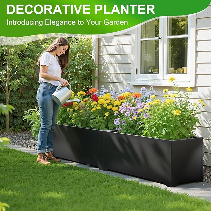 Metal Planter Box 36"L x 15"W x 15"H, Large Outdoor Rectangle Planters with 6 Drainage Holes & Raised Bottom, All-Weather Garden Planter Box for Patio, Lawn, Commercial & Residential, Black